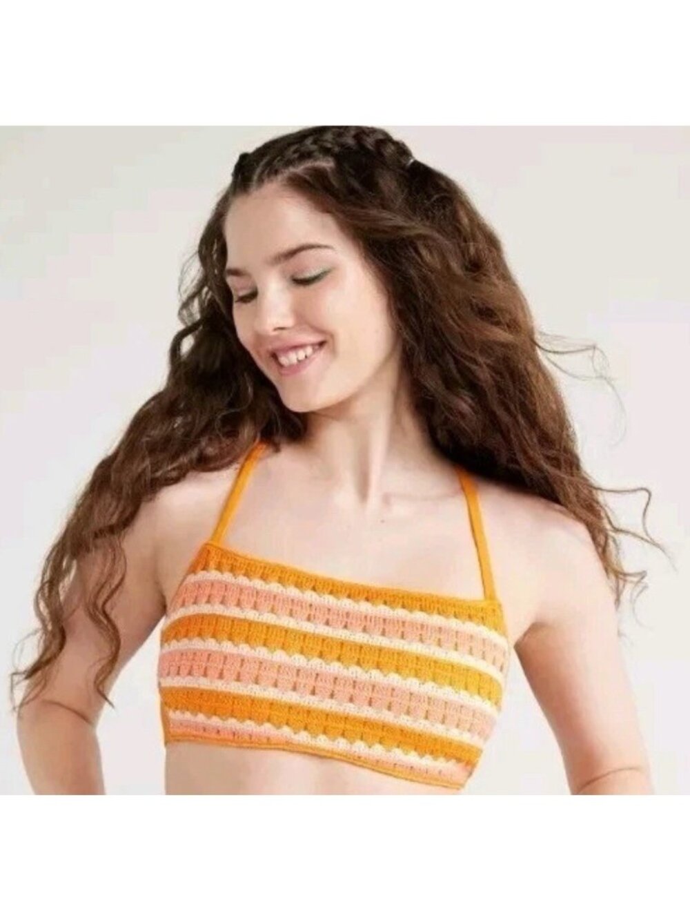 NWT No Boundaries Juniors Small (3-5) Crochet Bralette Bikini Top Orange Peel